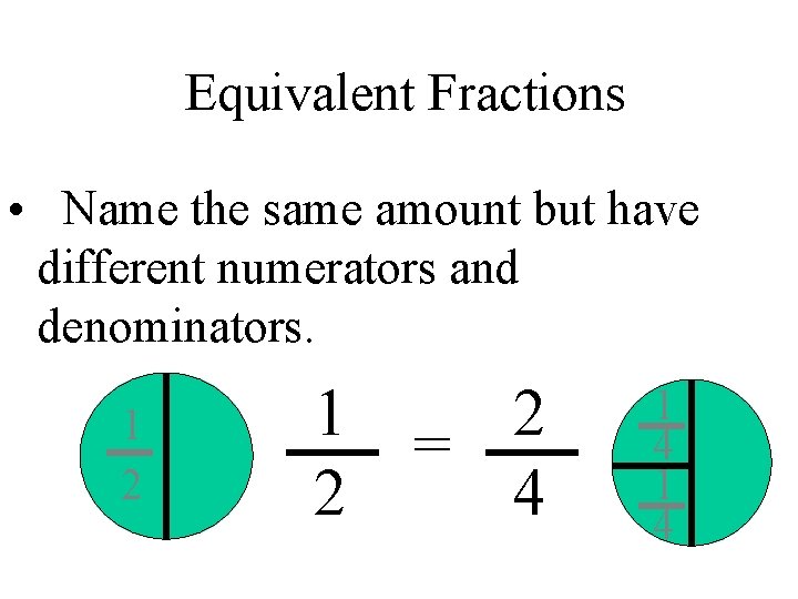 Equivalent Fractions • Name the same amount but have different numerators and denominators. 1