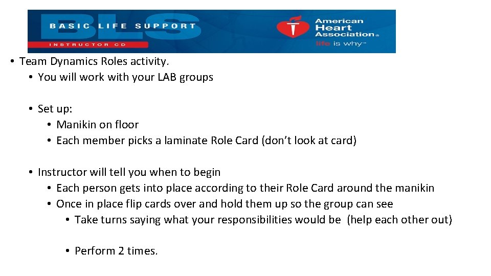  • Team Dynamics Roles activity. • You will work with your LAB groups