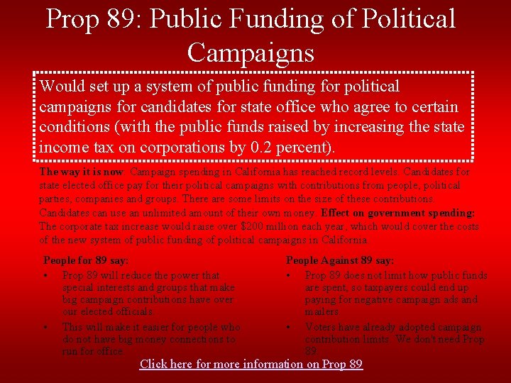 Prop 89: Public Funding of Political Campaigns Would set up a system of public