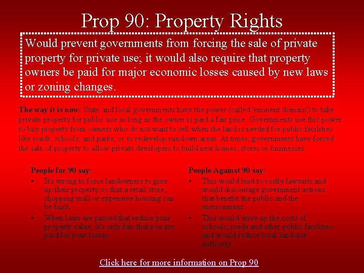 Prop 90: Property Rights Would prevent governments from forcing the sale of private property
