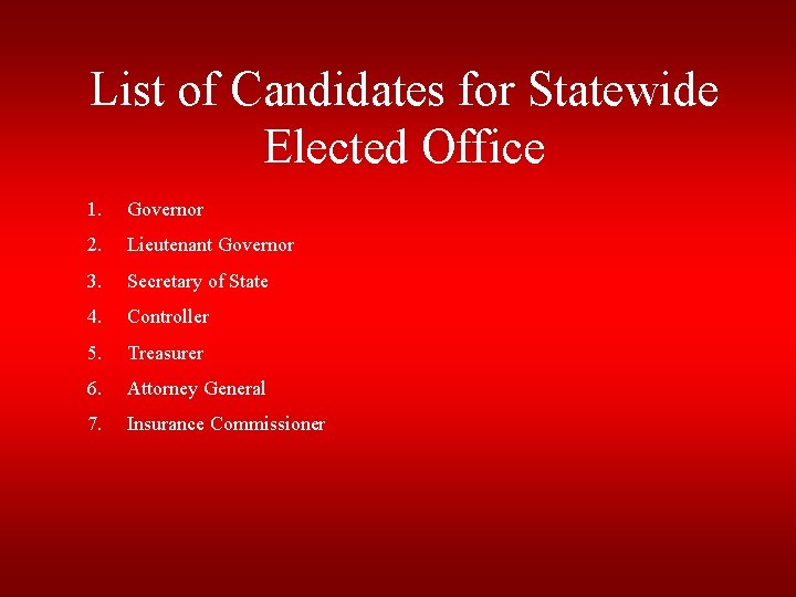 List of Candidates for Statewide Elected Office 1. Governor 2. Lieutenant Governor 3. Secretary