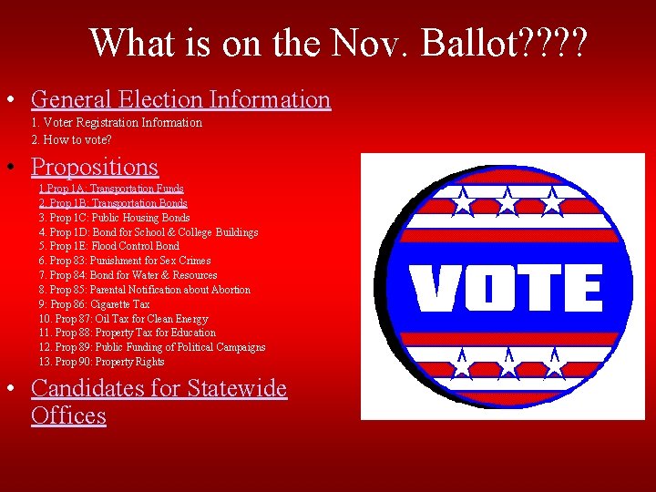 What is on the Nov. Ballot? ? • General Election Information 1. Voter Registration