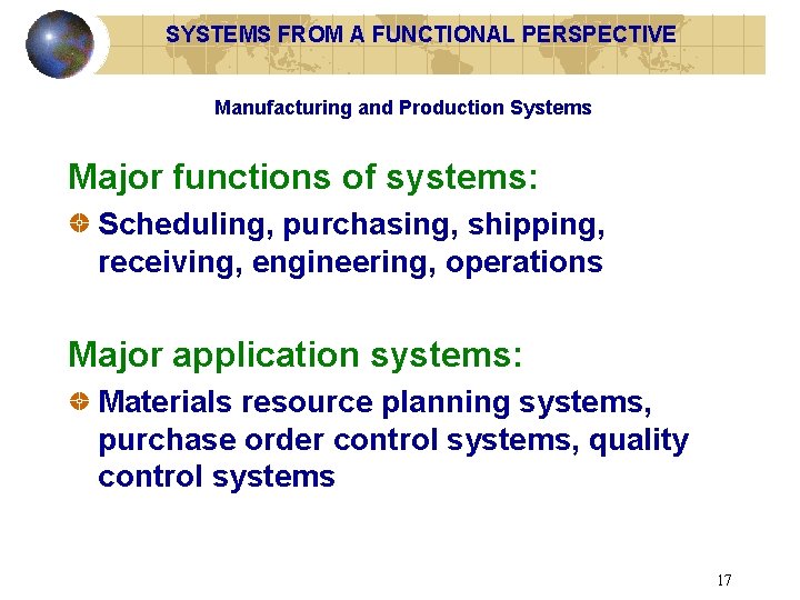 SYSTEMS FROM A FUNCTIONAL PERSPECTIVE Manufacturing and Production Systems Major functions of systems: Scheduling,