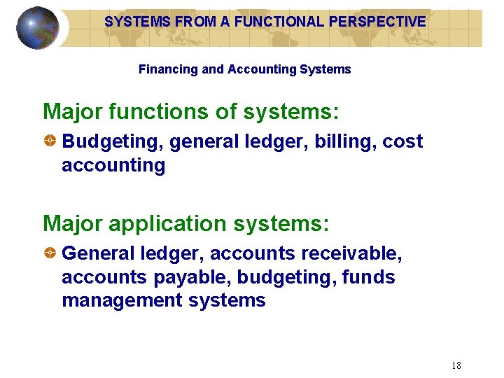 SYSTEMS FROM A FUNCTIONAL PERSPECTIVE Financing and Accounting Systems Major functions of systems: Budgeting,