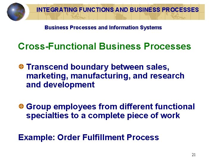 INTEGRATING FUNCTIONS AND BUSINESS PROCESSES Business Processes and Information Systems Cross-Functional Business Processes Transcend