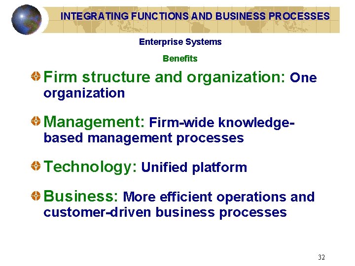 INTEGRATING FUNCTIONS AND BUSINESS PROCESSES Enterprise Systems Benefits Firm structure and organization: One organization