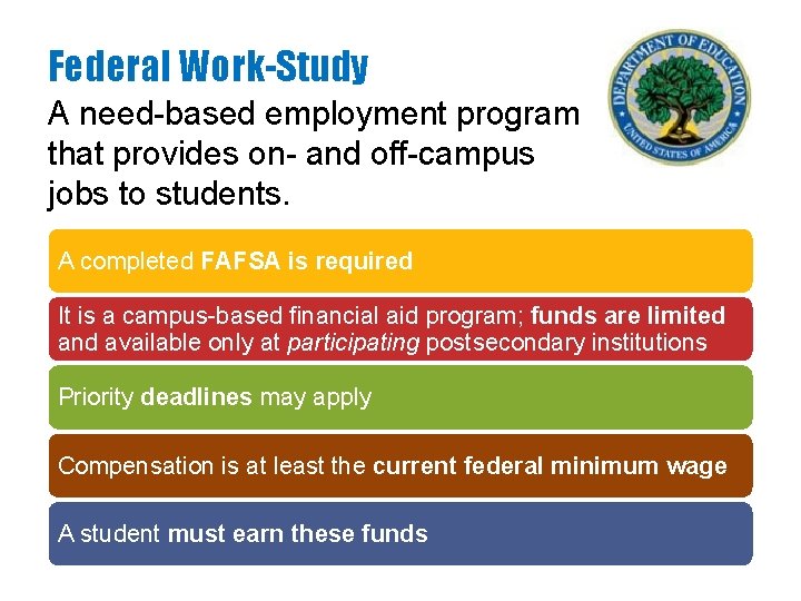 Federal Work-Study A need-based employment program that provides on- and off-campus jobs to students.