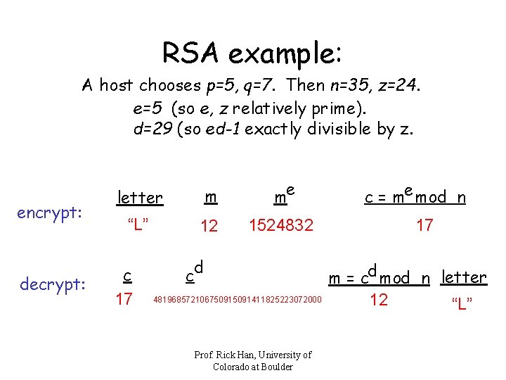 RSA example: A host chooses p=5, q=7. Then n=35, z=24. e=5 (so e, z