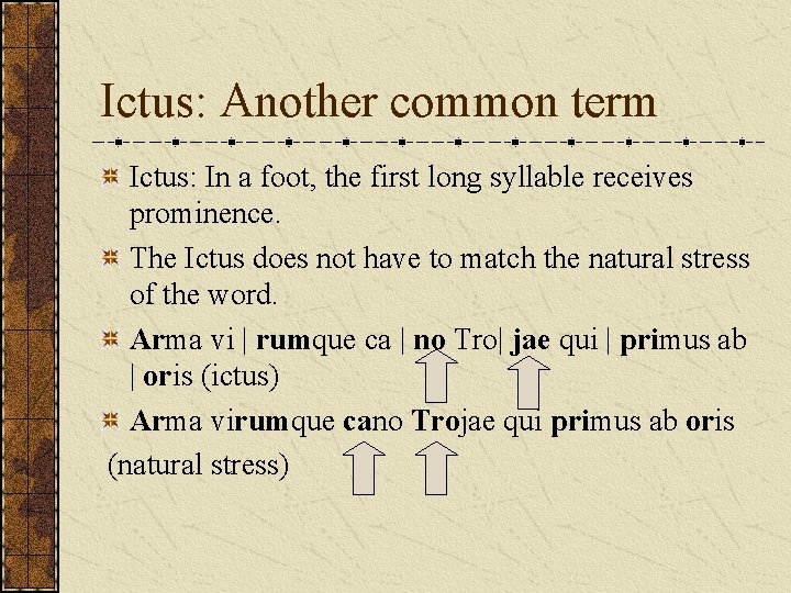 Ictus: Another common term Ictus: In a foot, the first long syllable receives prominence. Ictus: Another common term Ictus: In a foot, the first long syllable receives prominence.