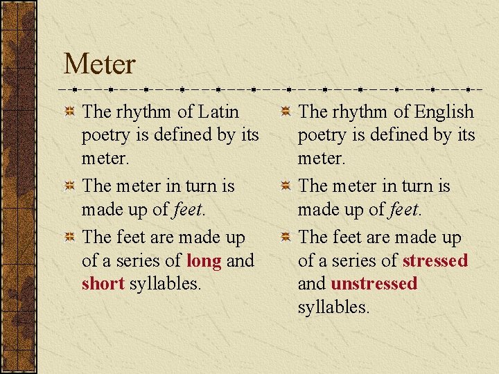 Meter The rhythm of Latin poetry is defined by its meter. The meter in Meter The rhythm of Latin poetry is defined by its meter. The meter in