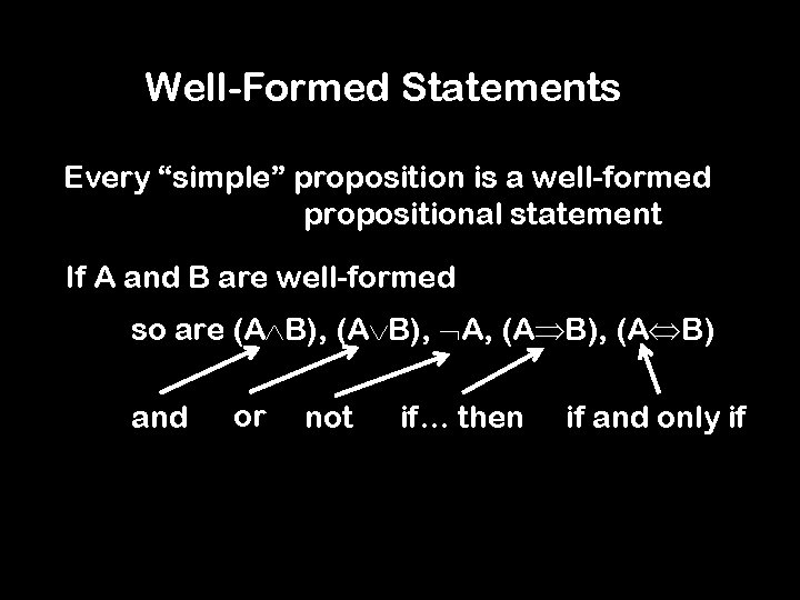 Well-Formed Statements Every “simple” proposition is a well-formed propositional statement If A and B