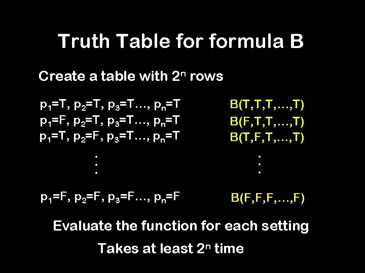 Truth Table formula B Create a table with 2 n rows p 1=T, p