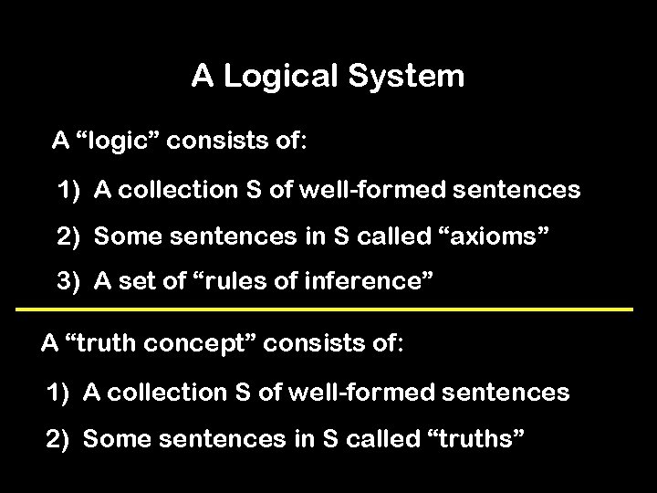 A Logical System A “logic” consists of: 1) A collection S of well-formed sentences