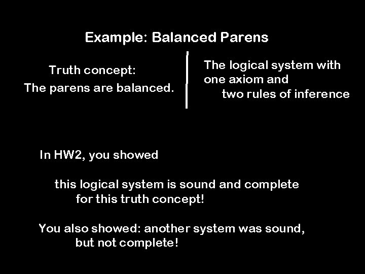 Example: Balanced Parens Truth concept: The parens are balanced. The logical system with one