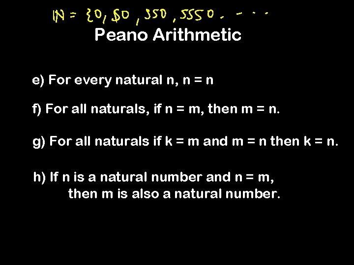 Peano Arithmetic e) For every natural n, n = n f) For all naturals,