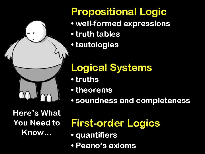 Propositional Logic • well-formed expressions • truth tables • tautologies Logical Systems • truths