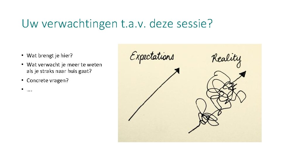 Uw verwachtingen t. a. v. deze sessie? • Wat brengt je hier? • Wat