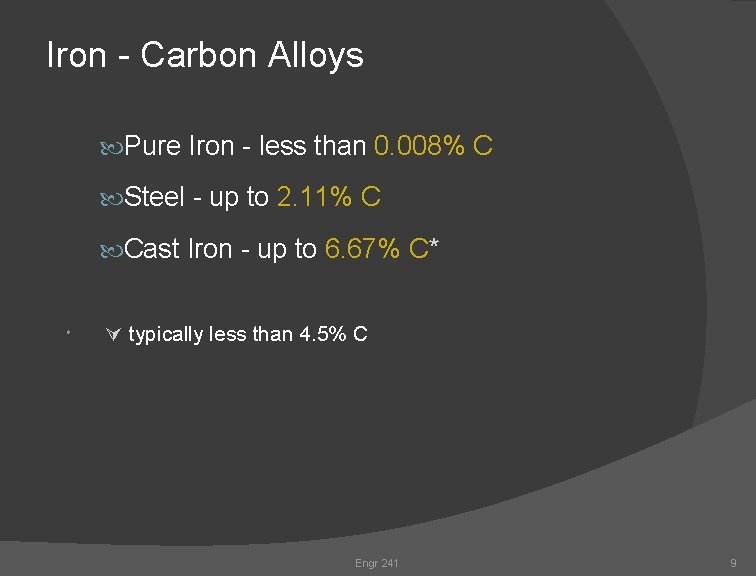 Iron - Carbon Alloys Pure Iron - less than 0. 008% C Steel -