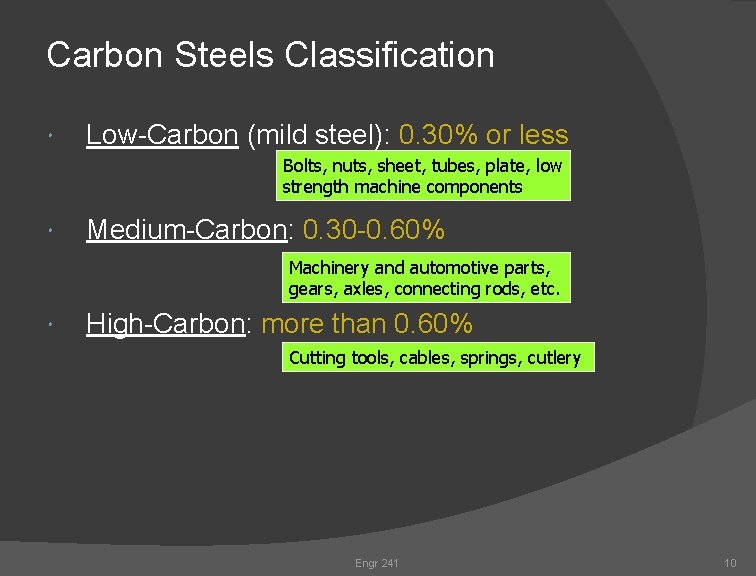 Carbon Steels Classification Low-Carbon (mild steel): 0. 30% or less Bolts, nuts, sheet, tubes, Carbon Steels Classification Low-Carbon (mild steel): 0. 30% or less Bolts, nuts, sheet, tubes,
