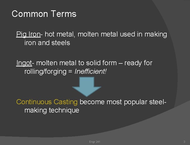 Common Terms Pig Iron- hot metal, molten metal used in making iron and steels Common Terms Pig Iron- hot metal, molten metal used in making iron and steels