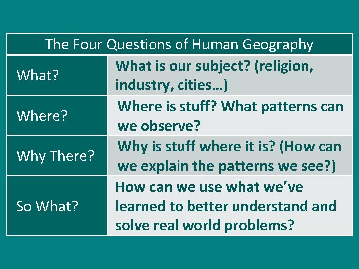 The Four Questions of Human Geography What is our subject? (religion, What? industry, cities…)