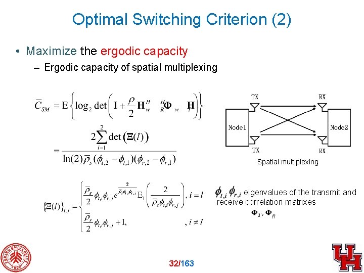 Optimal Switching Criterion (2) • Maximize the ergodic capacity – Ergodic capacity of spatial