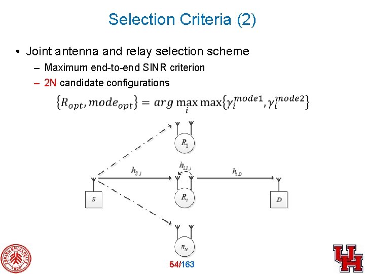 Selection Criteria (2) • Joint antenna and relay selection scheme – Maximum end-to-end SINR