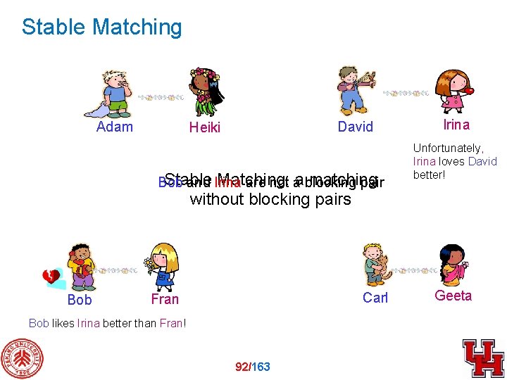 Stable Matching Adam David Heiki Stable Matching: a matching Bob and Irina are not