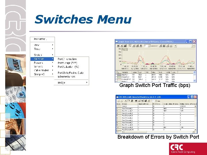 Switches Menu Graph Switch Port Traffic (bps) Breakdown of Errors by Switch Port 