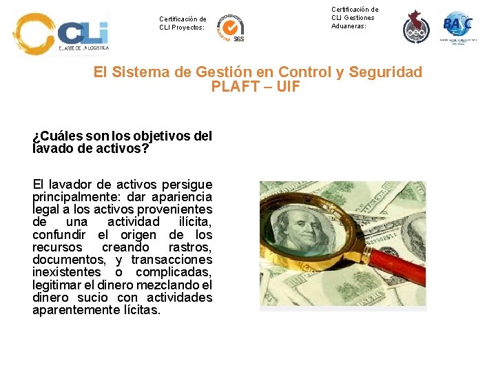 Certificación de CLI Gestiones Aduaneras: Certificación de CLI Proyectos: El Sistema de Gestión en