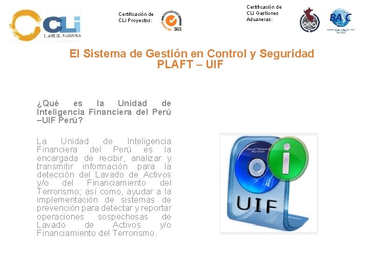 Certificación de CLI Gestiones Aduaneras: Certificación de CLI Proyectos: El Sistema de Gestión en