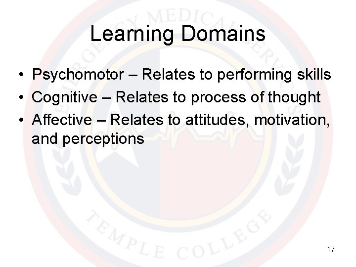 Learning Domains • Psychomotor – Relates to performing skills • Cognitive – Relates to