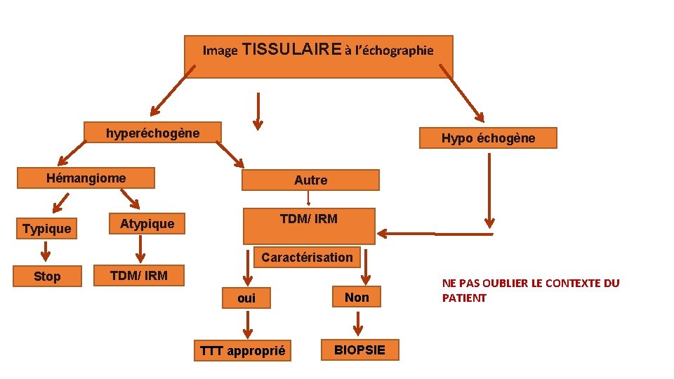 Image TISSULAIRE à l’échographie hyperéchogène Hypo échogène Hémangiome Typique Autre TDM/ IRM Atypique Caractérisation