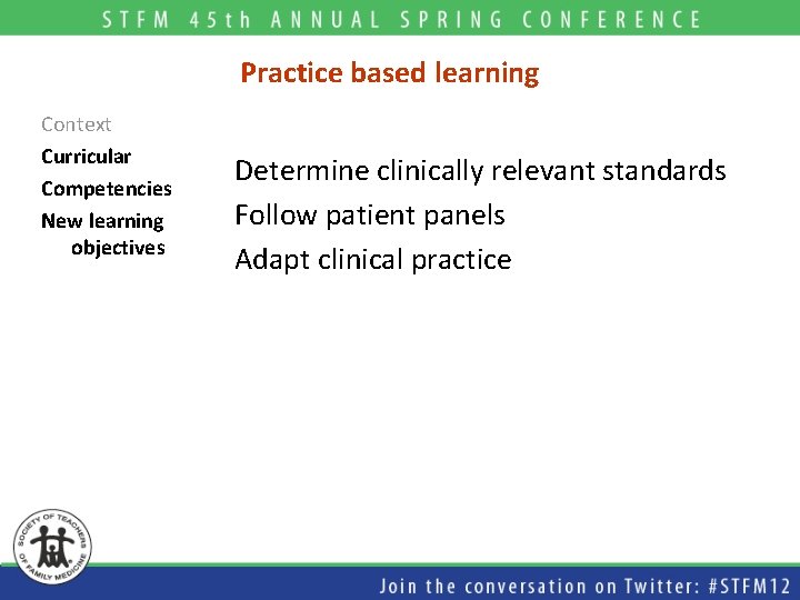 Practice based learning Context Curricular Competencies New learning objectives Determine clinically relevant standards Follow