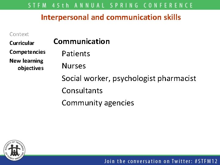 Interpersonal and communication skills Context Curricular Competencies New learning objectives Communication Patients Nurses Social