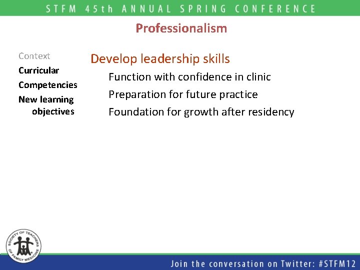 Professionalism Context Curricular Competencies New learning objectives Develop leadership skills Function with confidence in