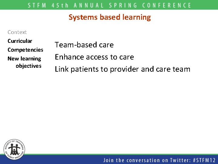 Systems based learning Context Curricular Competencies New learning objectives Team-based care Enhance access to