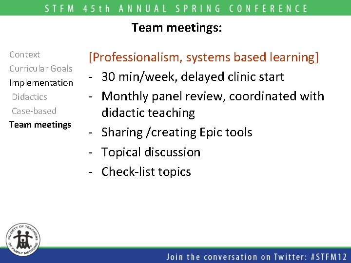 Team meetings: Context Curricular Goals Implementation Didactics Case-based Team meetings [Professionalism, systems based learning]