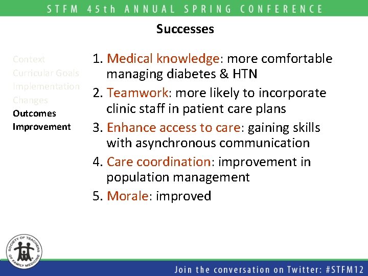 Successes Context Curricular Goals Implementation Changes Outcomes Improvement 1. Medical knowledge: more comfortable managing