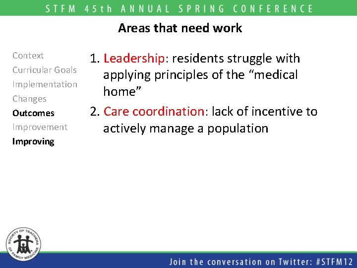 Areas that need work Context Curricular Goals Implementation Changes Outcomes Improvement Improving 1. Leadership: