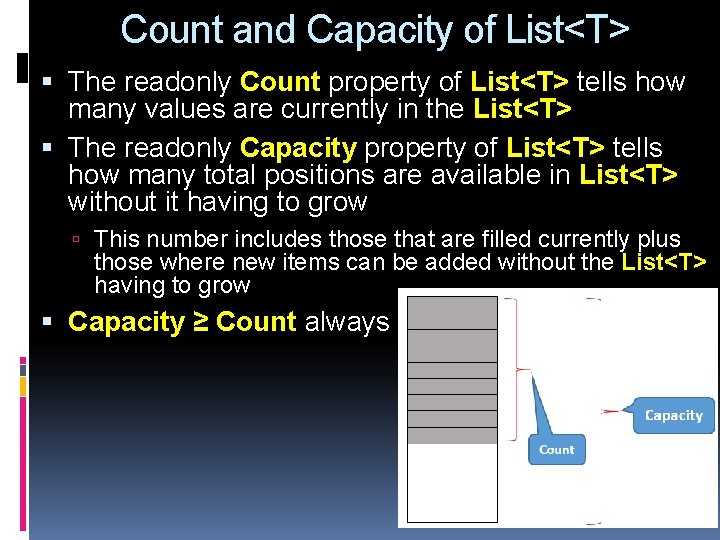 Count and Capacity of List<T> The readonly Count property of List<T> tells how many