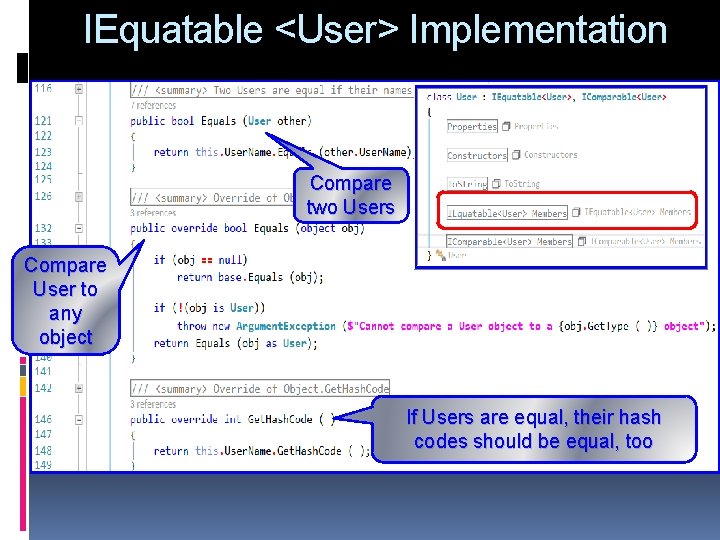 IEquatable <User> Implementation Compare two Users Compare User to any object If Users are