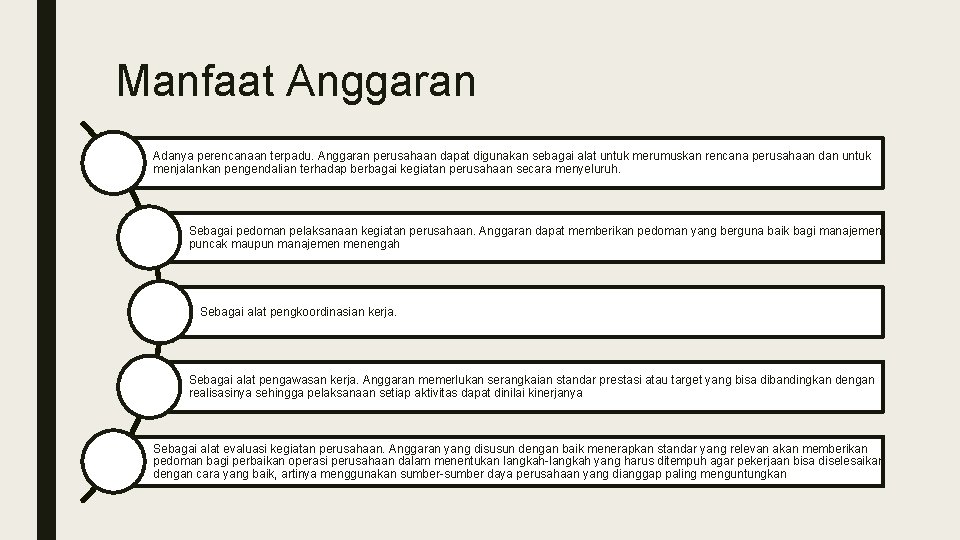 Manfaat Anggaran Adanya perencanaan terpadu. Anggaran perusahaan dapat digunakan sebagai alat untuk merumuskan rencana