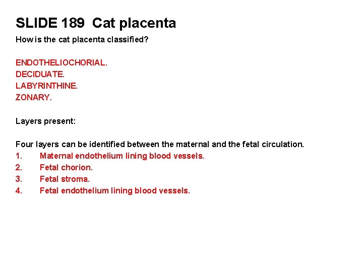 SLIDE 189 Cat placenta How is the cat placenta classified? ENDOTHELIOCHORIAL. DECIDUATE. LABYRINTHINE. ZONARY.