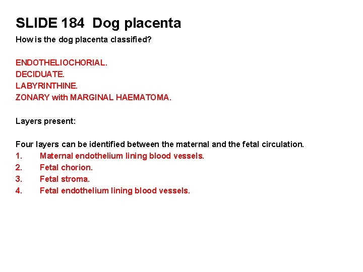 SLIDE 184 Dog placenta How is the dog placenta classified? ENDOTHELIOCHORIAL. DECIDUATE. LABYRINTHINE. ZONARY