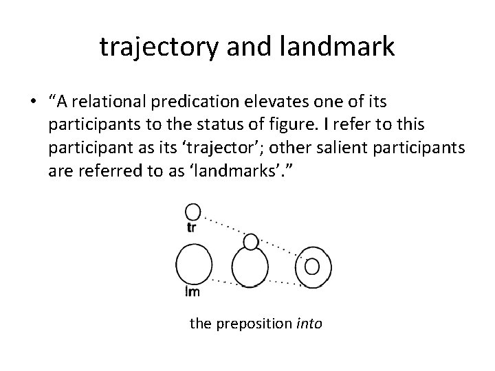 trajectory and landmark • “A relational predication elevates one of its participants to the