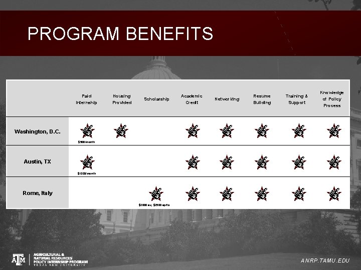 PROGRAM BENEFITS Paid Internship Housing Provided Scholarship Academic Credit Networking Resume Building Training &