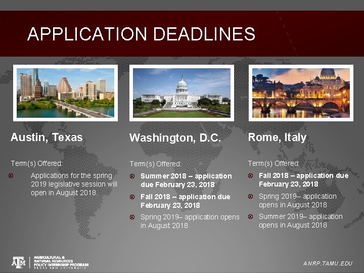 APPLICATION DEADLINES Austin, Texas Washington, D. C. Rome, Italy Term(s) Offered: Summer 2018 –