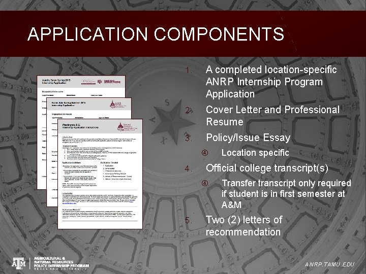 APPLICATION COMPONENTS 1. A completed location-specific ANRP Internship Program Application 2. Cover Letter and