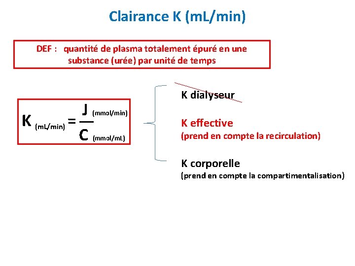 Clairance K (m. L/min) DEF : quantité de plasma totalement épuré en une substance